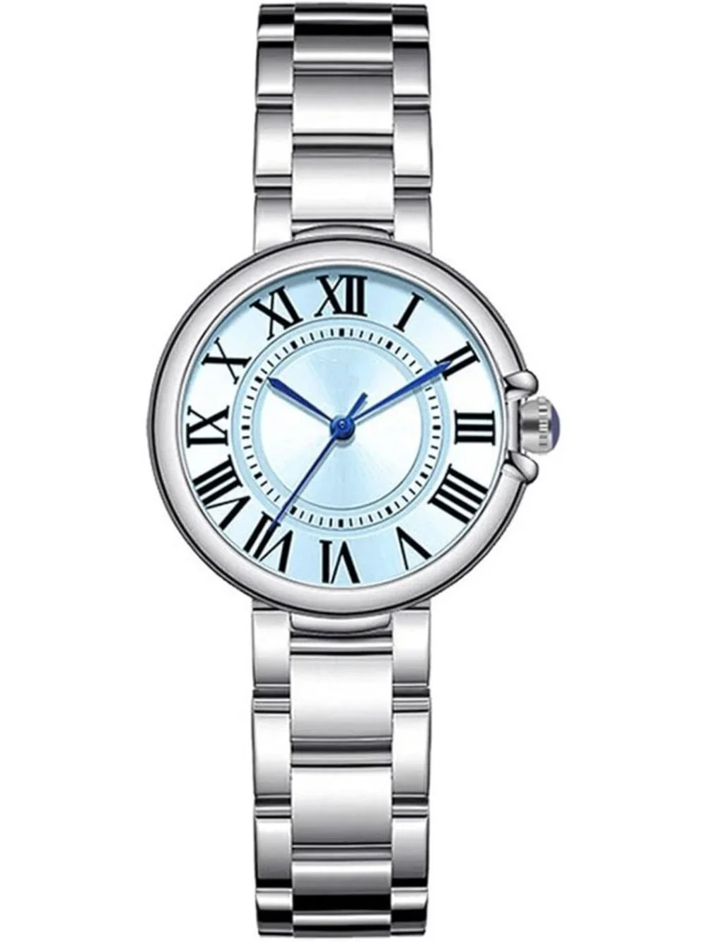 Women's Silver-Blue Classic Vintage Roman Numerals Dial Stainless Steel Watch